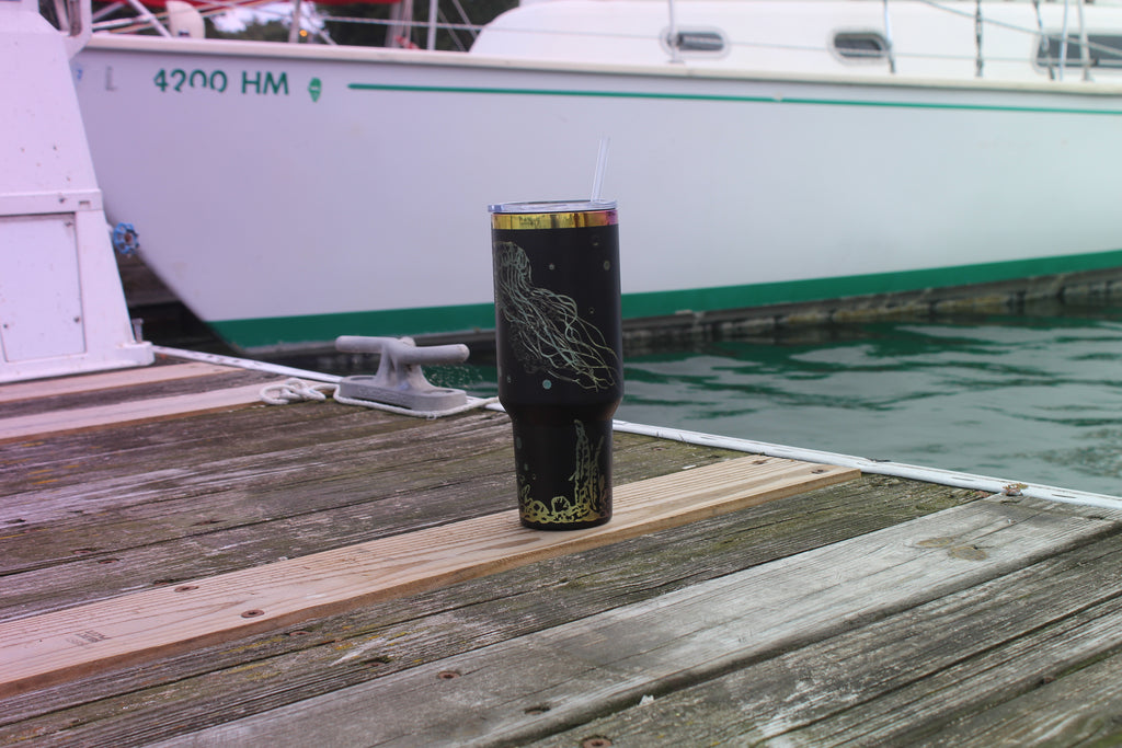 40oz Stainless Steel Tumbler with Straw & Lid – Ocean Jellyfish & Seahorse Design